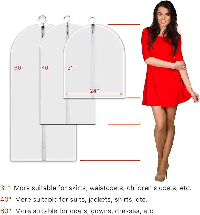 Dust Proof Garment Bags 7 Piece Set - 31 Inch Translucent Garment Covers with Full-Length Zipper for Closet Clothes Storage and Travel. Bonus: 5 Natural Cedar Ball.