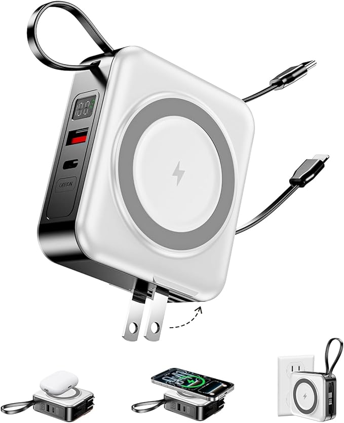 6-in-1 for Magsafe Portable Charger with Built-in Cables & Wall Plug,10000mAh Magnetic Wireless Power Bank,22.5W Fast Charging USB C Battery Pack,Travel Essentials for iPhone 17/16/15/14/13/12,White