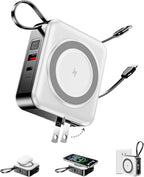 6-in-1 for Magsafe Portable Charger with Built-in Cables & Wall Plug,10000mAh Magnetic Wireless Power Bank,22.5W Fast Charging USB C Battery Pack,Travel Essentials for iPhone 17/16/15/14/13/12,White