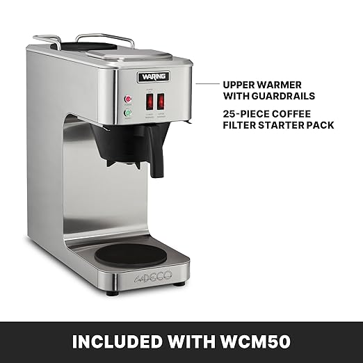 Waring WCM50 Café Deco Pour Over Decanter Coffee Brewer, Stainless Steel Construction, Two Individually Operated Warmers, No Plumbing Required, 120V, 5-15 Phase Plug,Silver