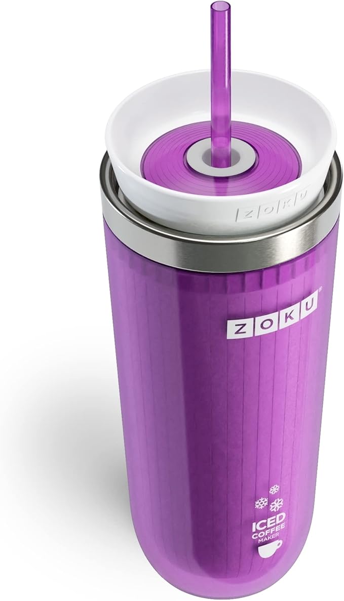 ZOKU Instant Iced Coffee Maker, Reusable Beverage Chiller Cools Hot Beverages in Minutes Without Dilution, Portable 11-ounce Tumbler With Spill-resistant Lid and Straw, Purple