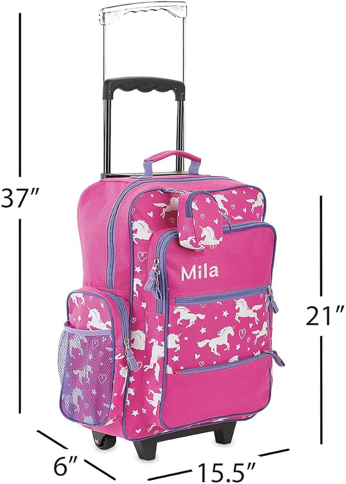 Lillian Vernon Personalized Unicorn Kids Suitcases for Girls, 5-Pocket Rolling Luggage Set, Customizable Travel Carrier on Wheels