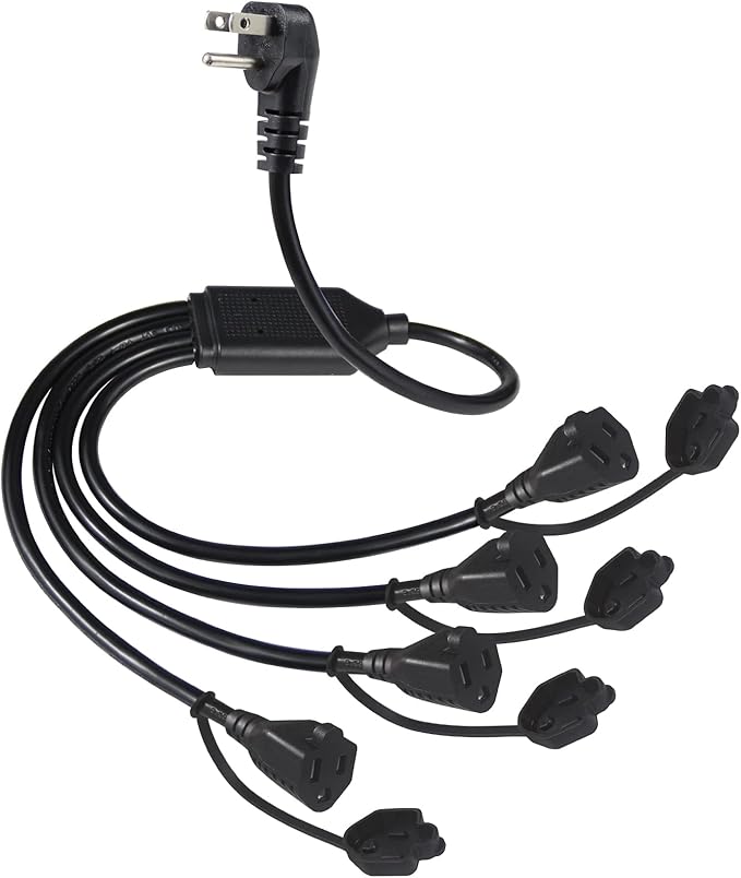 4 Way Outlet Splitter - Black 1-Pack 90-Degree Angled Flat Plug 1 to 4 Extension Cable Power Strip, 16/3 Gauge 1.5FT, 3 Prong Y Style Multi Outlet Splitter, Perfect for Wall Wart Adapters