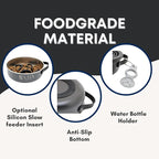 Black Slow Feeder Travel Dog Bowl Set | 30oz Stainless Steel + 20oz Collapsible Silicone Dish | Water Bottle Holder| Non-Slip, Anti-Choking, BPA-Free | We Give Back