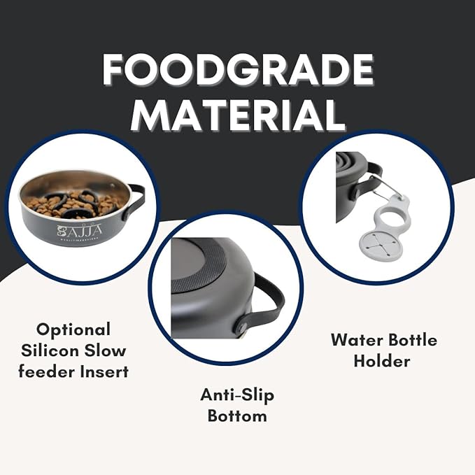 Black Slow Feeder Travel Dog Bowl Set | 30oz Stainless Steel + 20oz Collapsible Silicone Dish | Water Bottle Holder| Non-Slip, Anti-Choking, BPA-Free | We Give Back
