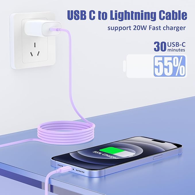 Essri USB C to Lightning Cable 6FT 4Pack, iPhone Charger Cord 6 Foot, Type C to Lightning Cable Fast Charging for iPhone 14/14 Pro 13/13 Pro/12/11 (Purple) - Adapts to C-Port Chargers