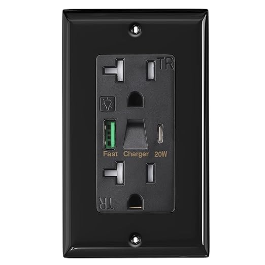 PD USB Outlet with Light,20W Power Delivery USB Receptacle with Night Light, 20A Tamper-Resistant Wall Outlet, Fast Charging Type A & USB-C Charger for Smartphones, Laptops, Tablets (4, Black)