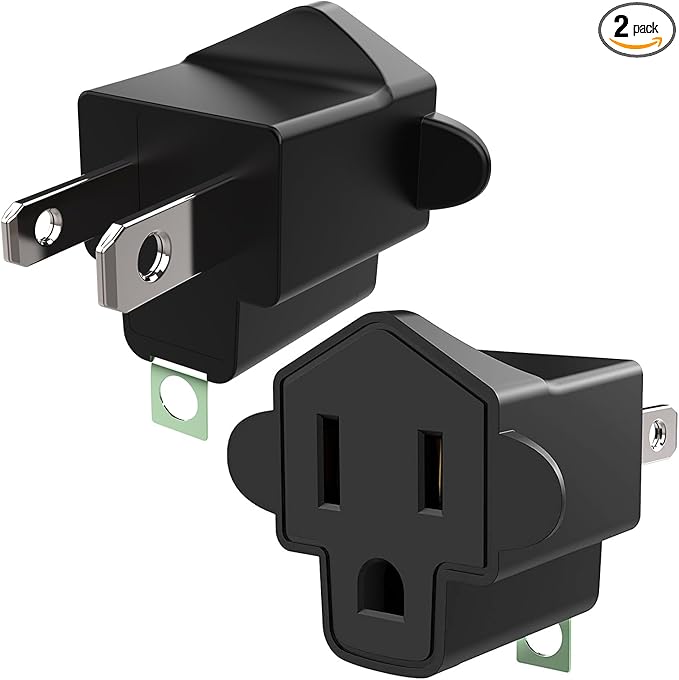 ETL 3 Prong to 2 Prong Adapter Polarized Grounding Converter JACKYLED 3-Prong Adapter Converter Fireproof Material 392℉ Resistant Heavy Duty for Wall Outlets, Electrical, Household, Black, 2 Pack
