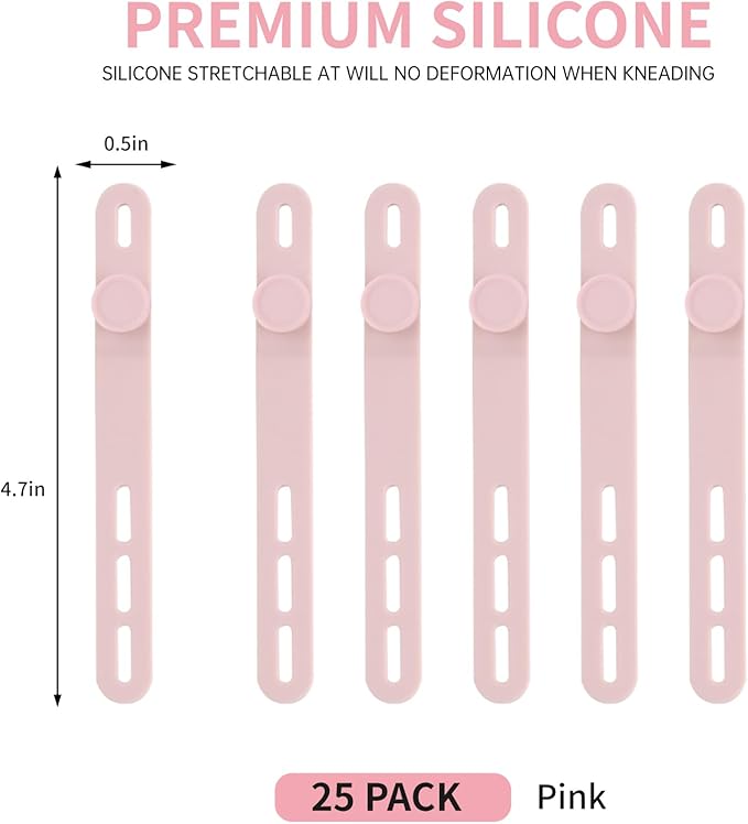 Oligei 25 Pcs Silicone Cable Ties, Cable Ties Reusable, High Elasticity Cord Wraps for Electrical Cords, Cord Organizer for Earphone, Phone Charger(Pink)