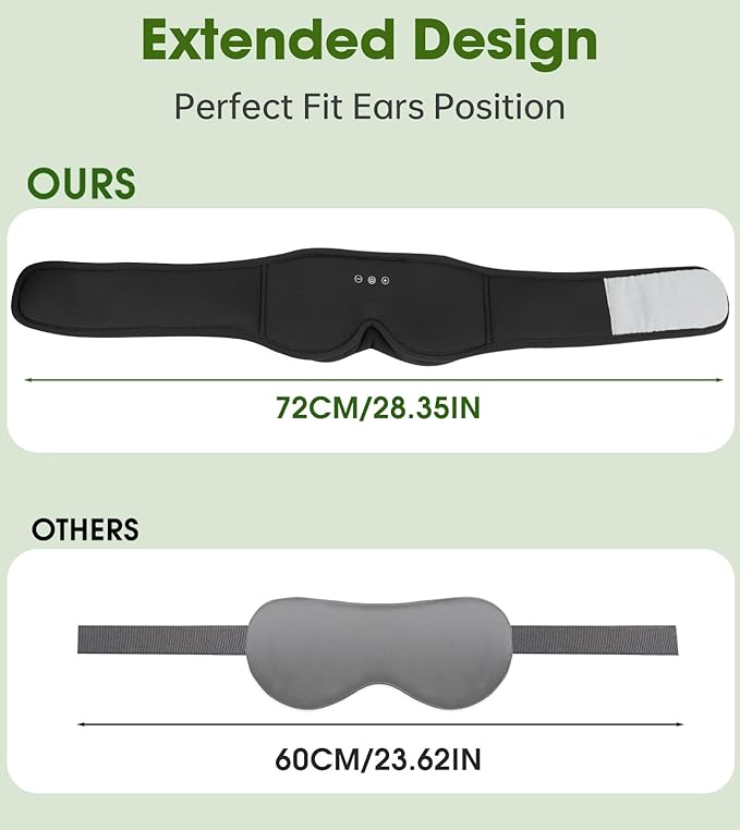 Bamboo Cotton Large Sleep Mask with Bluetooth Wireless Headphones - Blackout Eye Mask for Sleeping 3D Contoured Sleep Headband Ear Muffs Lengthen & Low Noise Hook for Better Experience (Black)