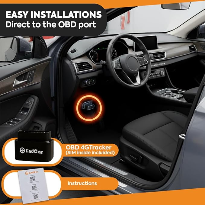 findCar-OBD-4G - GPS Tracker for Vehicles: Car, Motorcycle and Truck with Built-in SIM, Plug-and-Play Connection, Vehicle Tracking with App, Anti-Theft, Speed Alert. Low-Cost Subscription Plans
