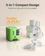 W & O 60W gan Fast Charger for iPhone, Retractable Phone Charger Wall Plug with Type‑C & Compatible Lightning Cables,for iPhone 17/16/15, Galaxy S25/24,Android Devices（Green）
