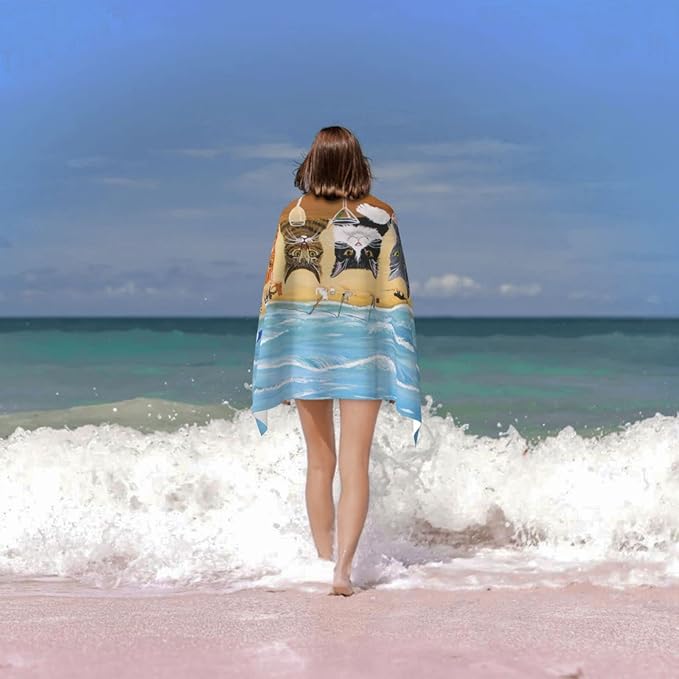 Cat Microfiber Beach Towel for Women, Adults - Cute Personalized, Oversized, Quick Dry, Sand Free - 30"x 60"