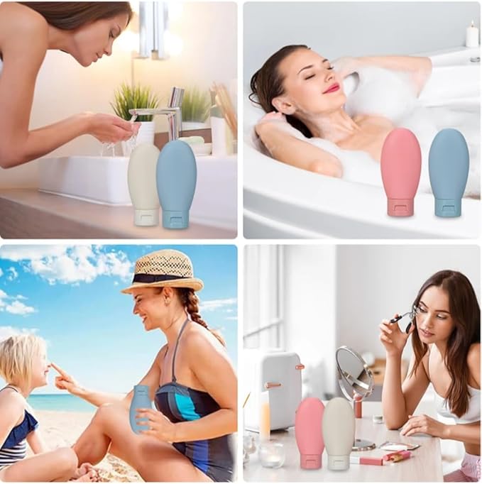 Silicone Travel Bottles Set, 60ml Leak Proof Refillable Squeezable Containers with Carry Bag, 6 Pack in Pink, Blue, White for Shampoo, Soap, Toiletries