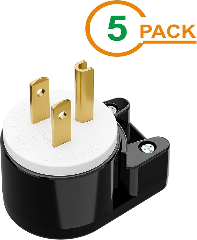 5PACK 90 Degree USA Canada Male Nema 5-15P 3-Prong Angle DIY Plug, 15A 125V USA 3Pin Right Angle AC Connector
