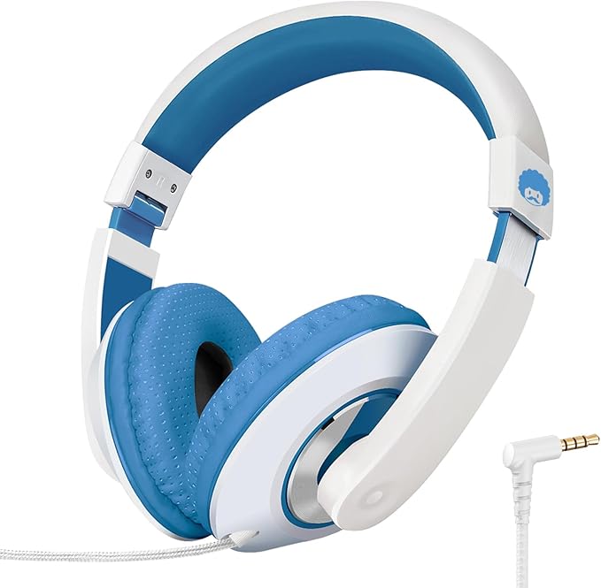 rockpapa Comfort Kids Headphones for School, Lightweight Foldable Portable Childs Boys Girls Teens Headphones Wired 3.5mm with 4.9ft Cord for Travel Airplane Tablet Phone Pad Laptop White/Blue