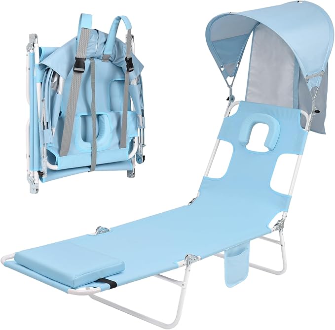 Backpack Beach Tanning Chair with Canopy and Face Hole, 6-Position Folding Lay Out Lounge Chair, UPF 50+ Wind-Resistant Sun Shade, Portable Recliner for Sunbathing, Outside, Poolside, Lawn, Patented
