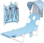 Backpack Beach Tanning Chair with Canopy and Face Hole, 6-Position Folding Lay Out Lounge Chair, UPF 50+ Wind-Resistant Sun Shade, Portable Recliner for Sunbathing, Outside, Poolside, Lawn, Patented