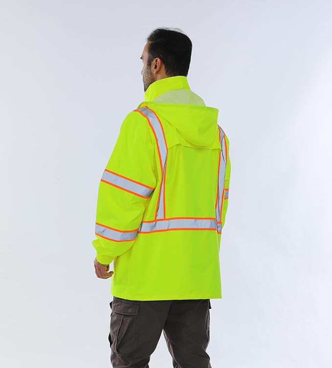Hi Vis Safety Rain Jacket for Men Women Waterproof Breathable Rain Gears with Mesh Lining Black Bottom Lightweight Work Jacket (2XL/3XL)