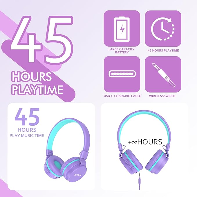 Kids Bluetooth Headphones,Lightweight Kids Headphones Wireless,85/94dB Safe Volume,40H Playtime,Fast Charging,Bluetooth 5.3,Over Ear,Toddler Headphone Built-in Mic for School/Tablet/Travel (Purple)