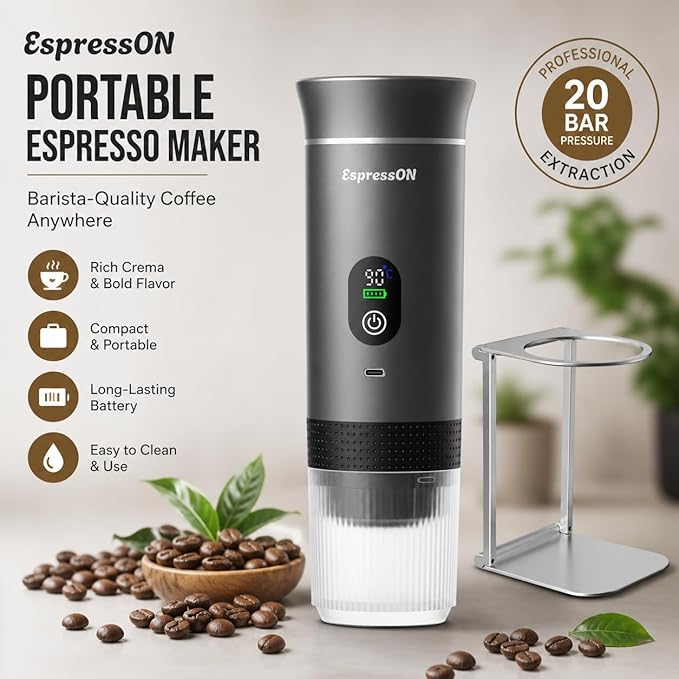 Portable Espresso Coffee Maker Rechargeable Self Heating Machine For Travel Car 3 in 1 Ground Coffee and NS Capsules 20 Bar Pressure Smart LED Display Camping Office With Stand Holder (GREY)