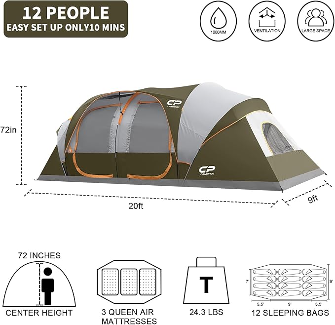 CAMPROS CP Tent 12-Person-Camping-Tents,3 Room Family Tents,Waterproof Windproof Family Tent with Top Rainfly,6 Large Mesh Windows,Double Layer,Easy Set Up, Portable with Carry Bag-20' x 9' x 72"(H)