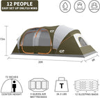CAMPROS CP Tent 12-Person-Camping-Tents,3 Room Family Tents,Waterproof Windproof Family Tent with Top Rainfly,6 Large Mesh Windows,Double Layer,Easy Set Up, Portable with Carry Bag-20' x 9' x 72"(H)