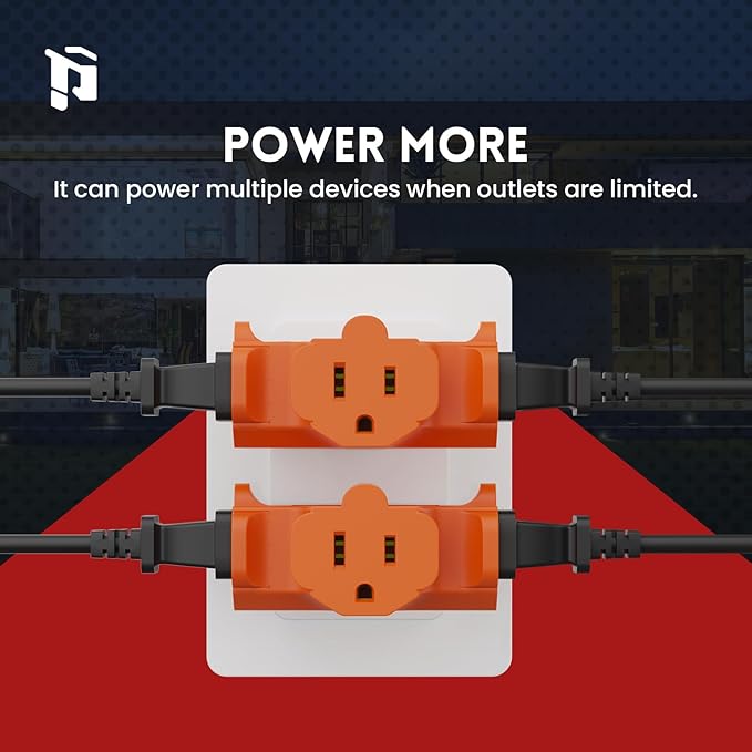 PLUGTUL 3 Way Plug Adapter, 3 Plug Wall Adapter, 3 Prong, Grounded, 15A, 1875W, Multiple Plug Expander for Home, Outdoor, ETL Listed, Orange, 3PACK