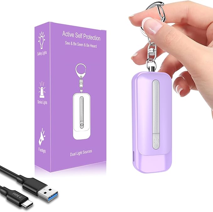 Personal Alarm for Women, Rechargeable with Safety Lights & Low Battery Notice, 130dB Siren with LED Flashlight Strobe Light for Emergency, Dual Light Sources Safety Keychain