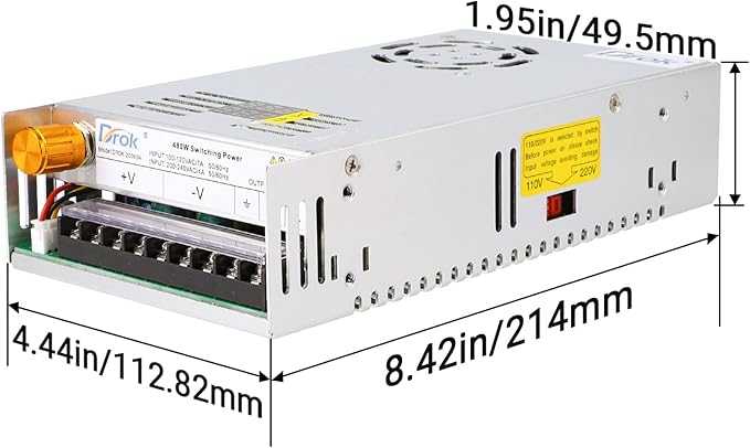 DROK 24V Power Supply, AC 110V/220V to DC 0-24V 20A 480W Buck Converter Dual Display, Variable Adjustable Adapter Regulated 5V 12V 24V Volt Switching Voltage Transformer 20A Amp Charger for Lab