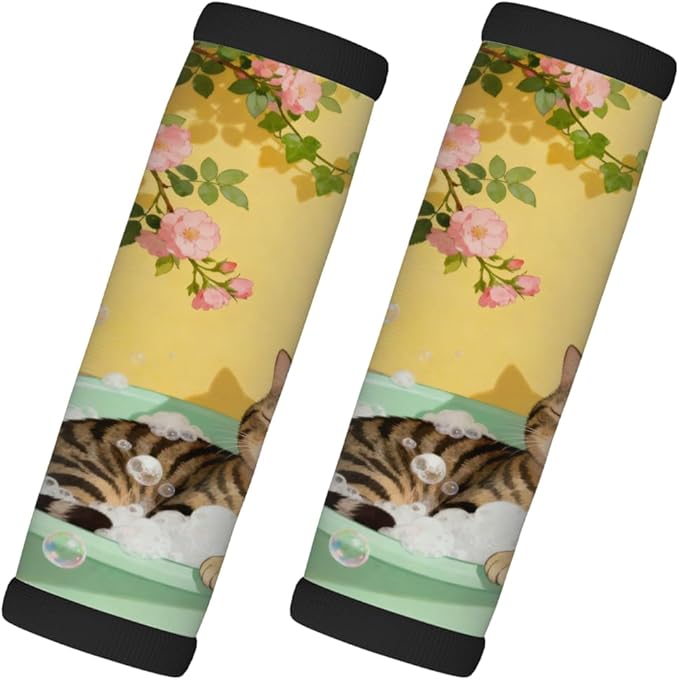 2 Pack Luggage Handle Wrap with Travel Tags - Non-Slip Protective Cover Soft Handle Grips Covers for Suitcase(Flower Cat Bath)