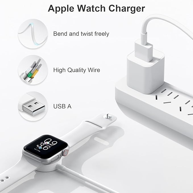 Fast Charger for Apple Watch Charger, Magnetic iWatch Charger to USB A Cable 3.3FT with USB A Wall Plug Adapter for Apple iWatch Series Ultra/10/9/8/7/6/SE/5/4/3/2 (White)