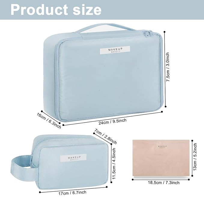 Queboom Travel Makeup Bag Cosmetic Bag Makeup Bag Toiletry bag for women and men (Blue-3pcs)