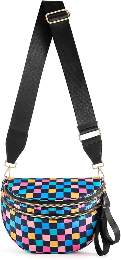 Black and White Checkered Crossbody Bag Bum Bag for Women,Spacious Checkered Purse Fanny Packs Belt Bag