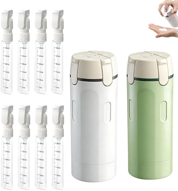 4 in 1 Travel Dispenser, 4 Pack 30ML Leak Proof Travel Bottles for Toiletries, Portable 4-in-1 Travel Dispenser Bottle Travel Refill Bottle for Shampoo Lotion Conditioner Cream (White+Green)