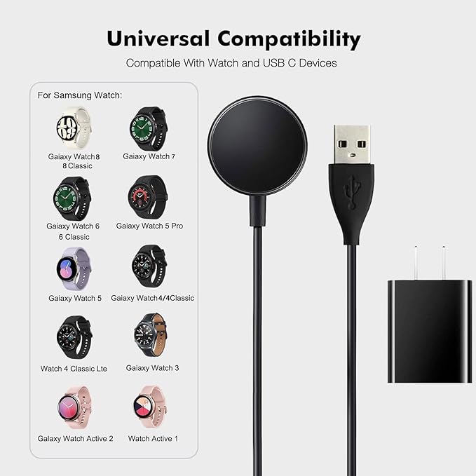 Watch Charger Compatible for Samsung Galaxy Watch 8/8 Classic,7/6/Ultra, 5/5 Pro/4/4/6 Classic/3/Active 2/Active 1, Magnetic Wall Fast Charging Adapter & Cable, Magnetic Wireless Charging Cable 3.3FT