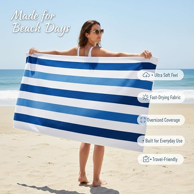 Premium Velour Cabana Beach Towel 4 Pack, 30” x 60” Soft Plush Cotton Pool Towel, Absorbent Quick Dry Towel for Beach and Pool (Riviera Stripe)