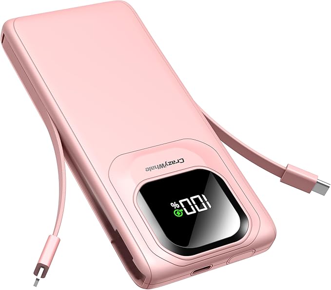 Portable Charger with Built-in Cables,22.5W Super Fast Charging Power Bank Slim Phone Charger,10000mAh Travel Battery Pack Battery Bank with Smart LED Display for iPhone, Android & USB-C (Pink)