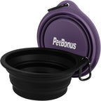 PetBonus 2-Pack Large Silicone Collapsible Dog Bowls, 34oz/1000ml BPA Free Portable Foldable Travel Bowl for Pet Cat, Food Water Feeding Dish for Camping with 2 Carabiners (Black, Dark Purple)