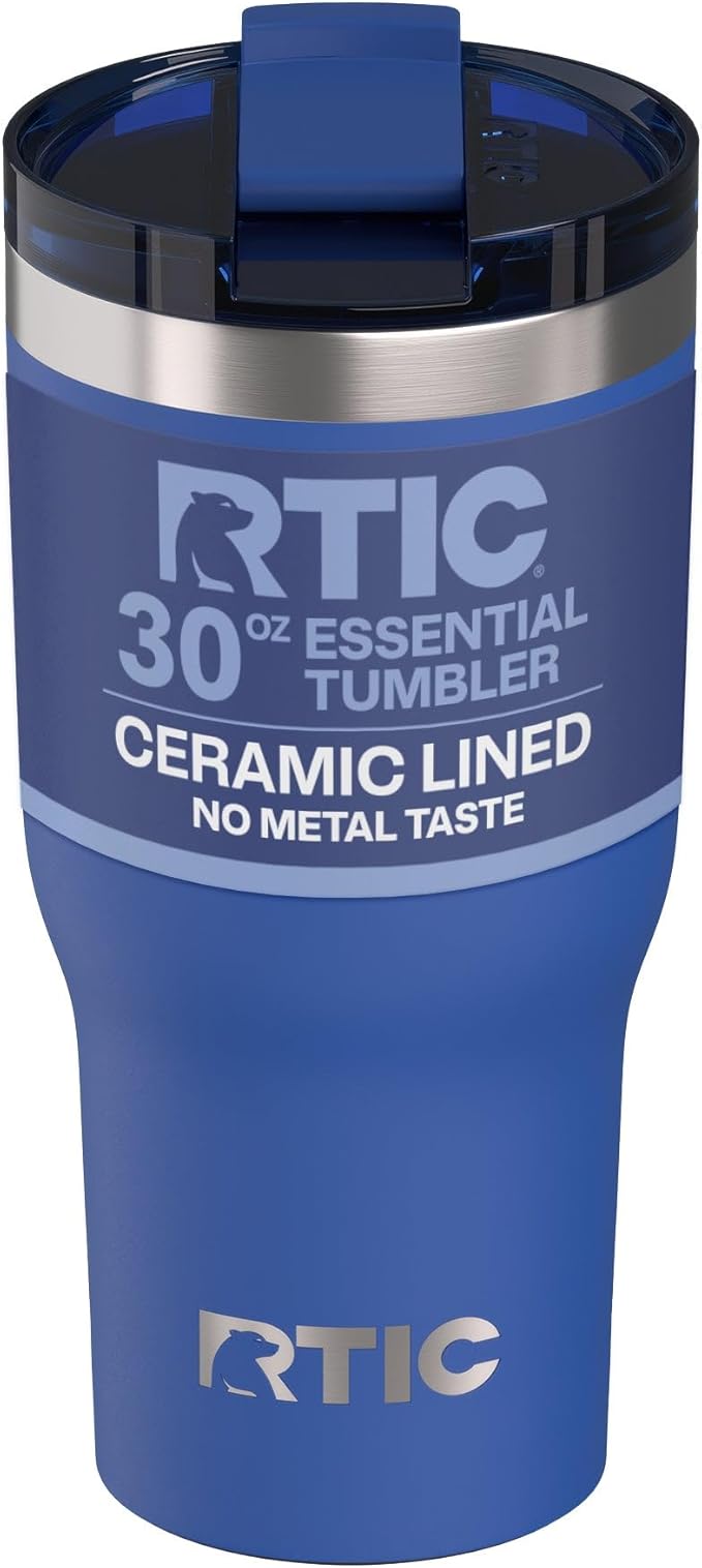 RTIC 30oz Essential Tumbler with Lid, Ceramic Lined, Insulated, Stainless Steel, Metal, Double Wall Vacuum-Insulation, Travel Cup for Iced Coffee, Tea, Hot and Cold Drink, Cobalt