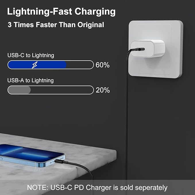 2Pack Black Fast Charger Cable 10ft [Apple MFi Certified], USB Type C to Lightning Cable 10 Foot for Apple iPhone 14/13 12 11 Pro XR XS Max X 8 Plus