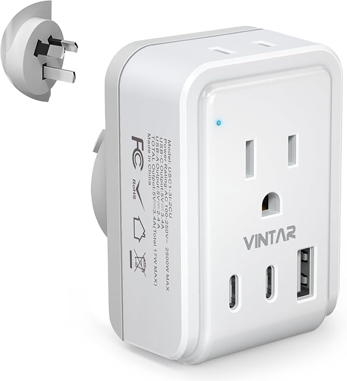 Australia New Zealand Power Adapter, VINTAR Australia Plug Adapter with 2 American Outlets 3 USB Ports(2 USB C), 5 in 1 Type I Travel Adapter for US to Australia, AU, Argentina, China, Fiji