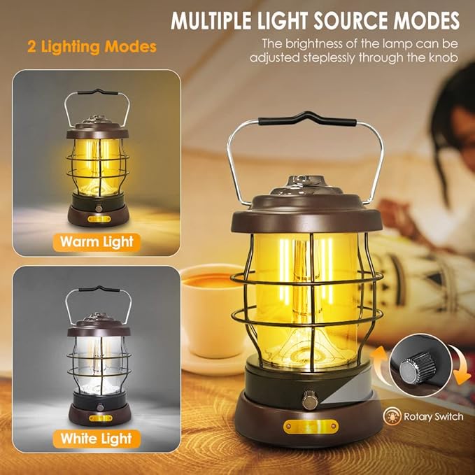 Retro Camping Lantern Rechargeable 1500LM 2 Modes Dimmable,Portable Electric Hurricane Lamp Hands-Free Flashlight,5000 mA High Capacity Battery LED Lanterns for Power Outages Indoor