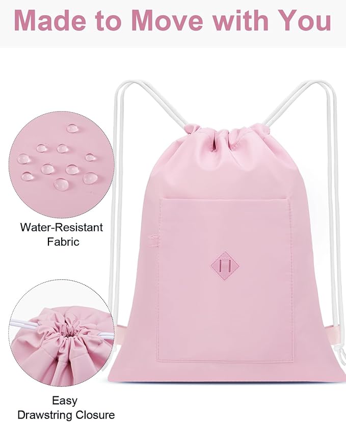 BAVELOE Drawstring Backpack Sports Gym Sackpack with Pockets Water Resistant Cinch String Bag for Women Men（Pink）