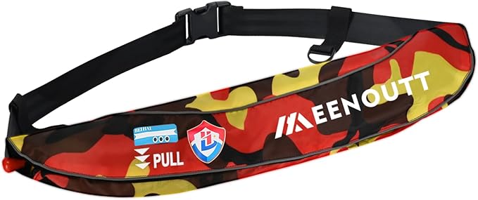 Automatic Inflatable Belt Pack Water Sports Jacket Waist Belt PFD for SUP Paddleboarding Fishing Boating Kayaking（fit 80-330 lbs） (Red camouflage)
