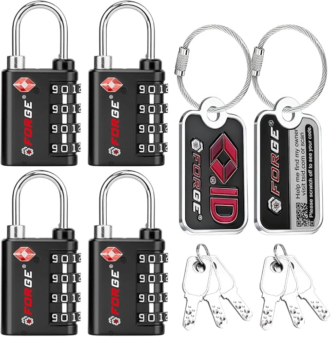 Forge Dual-Opening: Key or Combination Lock, TSA Approved Lock for Luggage, Pelican case, Travel, Gym, School, Luggage Combination Lock, Travel Bag Lock (Black 4 Locks and 2 ID)