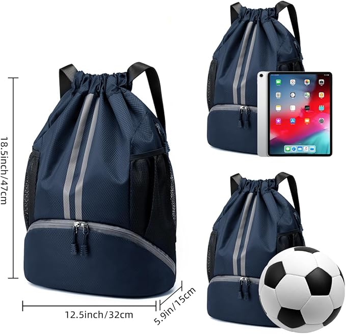 Valleycomfy Sports Drawstring Backpack - Water Resistant String Bag with Side Mesh Pockets Shoe Compartment Gym Backpack for Women & Men Dark Blue