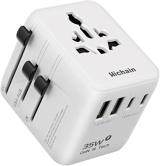 Hichain Universal Travel Adapter, 7-in-1 International Power Adapter 35W Fast Charging Adapter for Europe Plug Universal Power Block, GaN Travel Adapter Worldwide Portable Plug for EU, UK, US, AUS