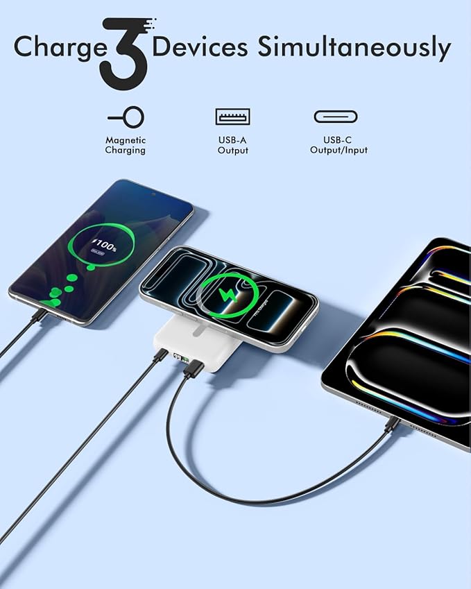 podoru for Magsafe Power Bank, 10000mAh Magnetic Portable Charger with 22.5W PD Fast Charging USB-C Cable LED Display Wireless Battery Pack for iPhone 17/16/15/14/13/12 Series-White