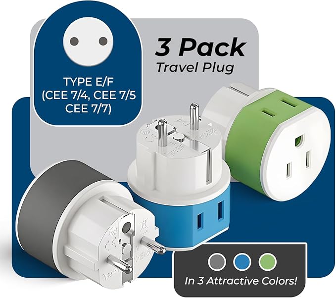 OREI Germany, France, Schuko Power Plug Adapter with 2 USA Inputs - Travel 3 Pack- Type E/F (US-9) Safe Grounded Use with Cell Phones, Laptop, Camera Chargers, CPAP, and More